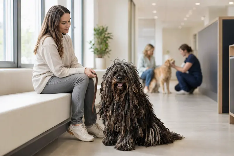 Ein Bergamasco Hund sitzt ruhig neben seinem Besitzer im hellen Wartezimmer einer modernen Tierarztpraxis.
